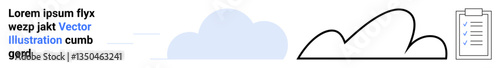 Text next to cloud graphics and clipboard with checklist. Ideal for cloud storage, technology, organization, communication, documentation, education, and simple landing page
