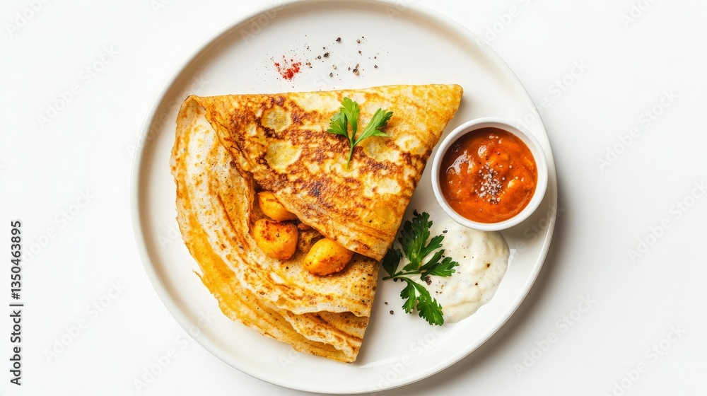 Savory Crepes with Dipping Sauces on a White Plate - Perfect for Culinary Blogs, Recipe Books, and Food Photography Savory Crepes with Dipping Sauces on a White Plate - Perfect for Culinary Blogs, Recipe Books, and Food Photography