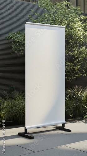 Blank pull-up banner stand mockup for advertising. Outdoor backdrop for graphics and text