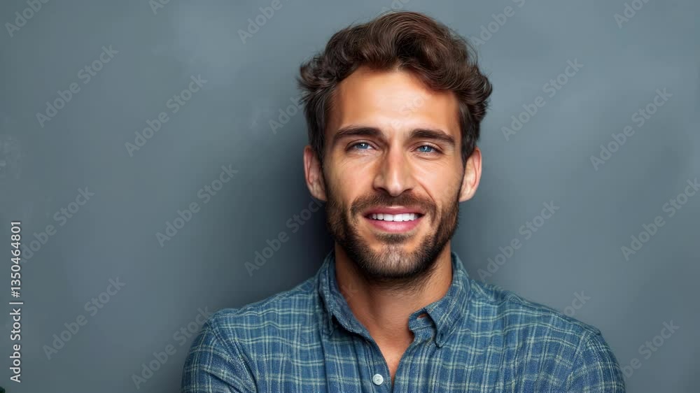 Happy laughing young bearded business man l, smiling young confident professional businessman wearing a shirt standing isolated on a gray wall Happy laughing young bearded business man l, smiling young confident professional businessman wearing a shirt standing isolated on a gray wall