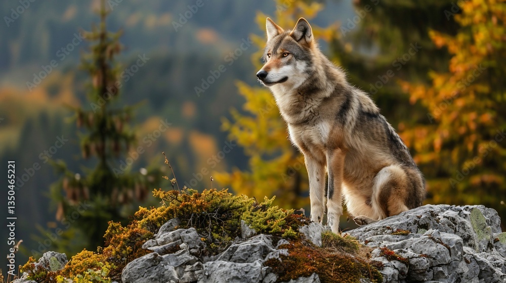 Majestic wolf sits mountaintop, autumn forest background, wildlife photography Majestic wolf sits mountaintop, autumn forest background, wildlife photography