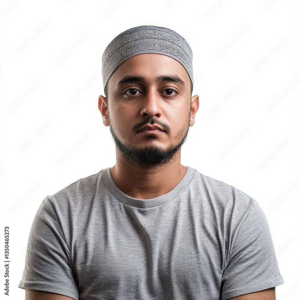 A Muslim man in a casual t-shirt and kufi cap. isolated on a white background A Muslim man in a casual t-shirt and kufi cap. isolated on a white background