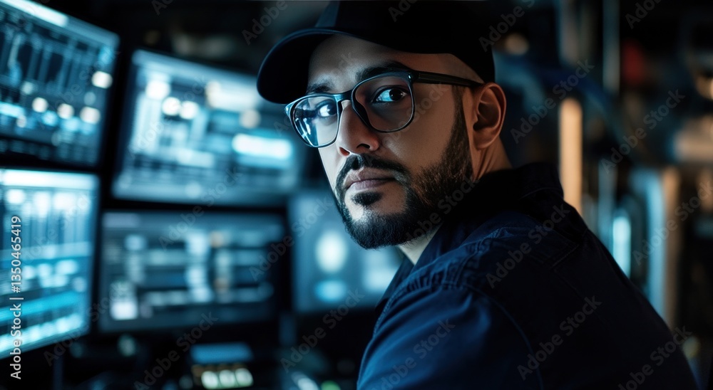 Focused security guard at night control panel Focused security guard at night control panel