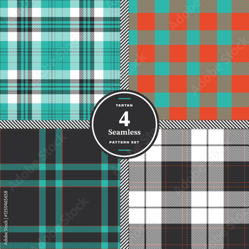 Modern Seamless Tartan featuring Traditional Madras Red and Cream Bisque Fabric Design Set of 4