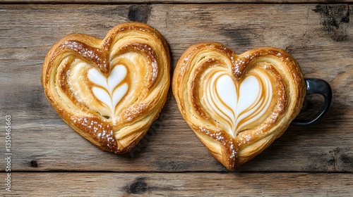 Heart-Shaped Pastries with Latte Art on Wooden Background