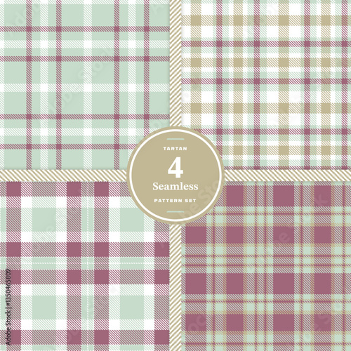 Modern Cream Bisque & Pale Cream Seamless Tartan Fabric Design Set of 4
