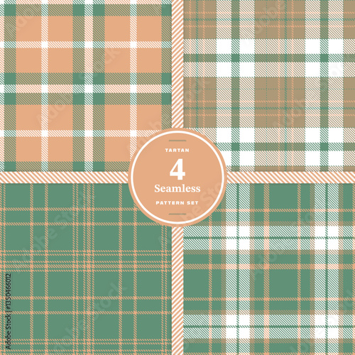 Modern Seamless Tartan featuring Rich Amber and Cream Bisque Fabric Design Set of 4