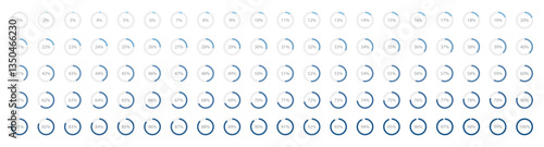 Set of blue gradient color infographic pie charts, segment of circle icons 0% - 100%, simple flat design loading data interface elements app button ui ux web, vector isolated on white background