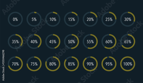 Set of round yellow infographic pie charts, segment of circle icons 0% - 100%, simple flat design loading data interface elements app button ui ux web, vector isolated on dark background