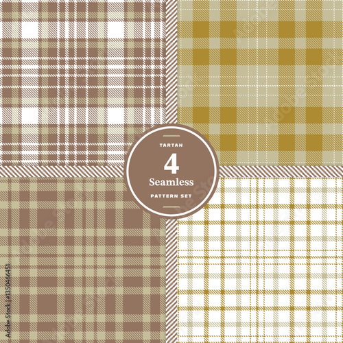 Plaid pattern seamless. Cream Bisque & Pale Straw Tartan Fabric Design. Set of 4