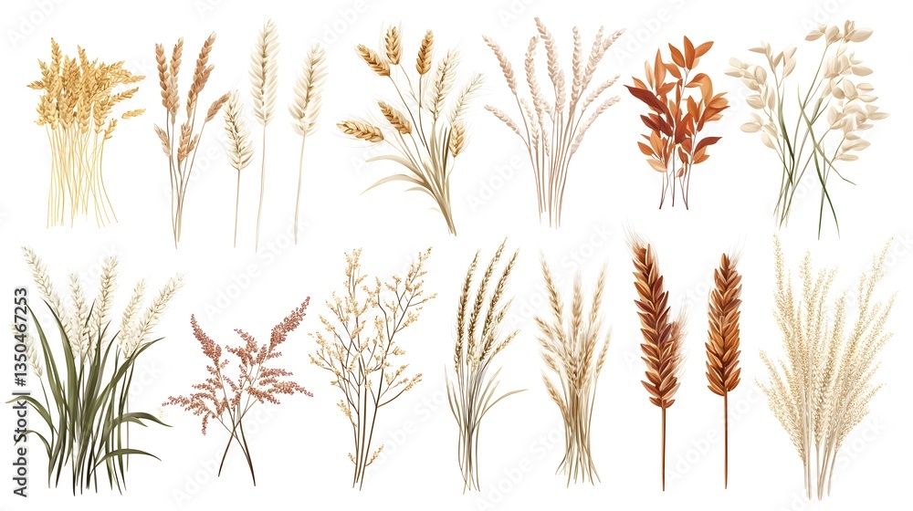 Diverse Collection of Oats, Wheat, Rye, and Barley Spikelets and Stems for Agricultural Concepts Diverse Collection of Oats, Wheat, Rye, and Barley Spikelets and Stems for Agricultural Concepts