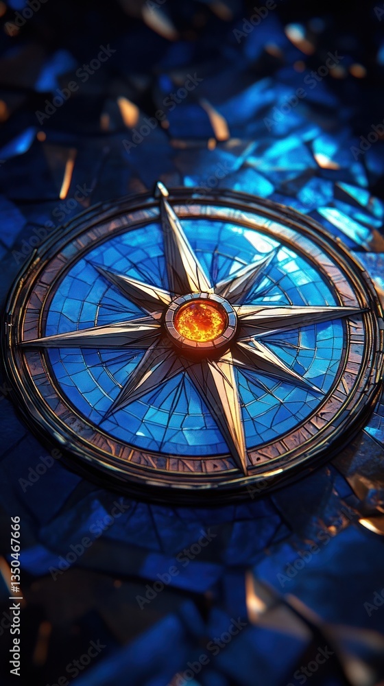 Fototapeta premium Vintage brass or bronze compass glowing in a starry night sky with a reflective metallic surface and an ethereal atmospheric background filled with stars galaxies and a sense of mystery and adventure