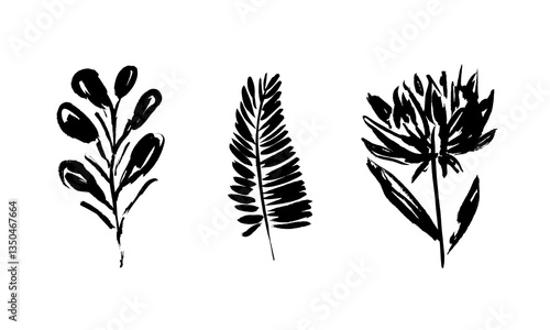 Floral set of grunge textured vector black ink hand dawning tropical leaves and protea flower. Artistic bold paintbrush botanical elements for textile pattern design, greeting card, logo