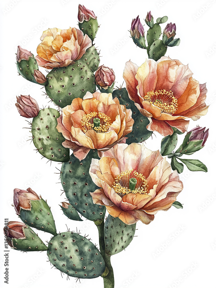 Fototapeta premium Opuntia cactus with vibrant orange flowers on white background