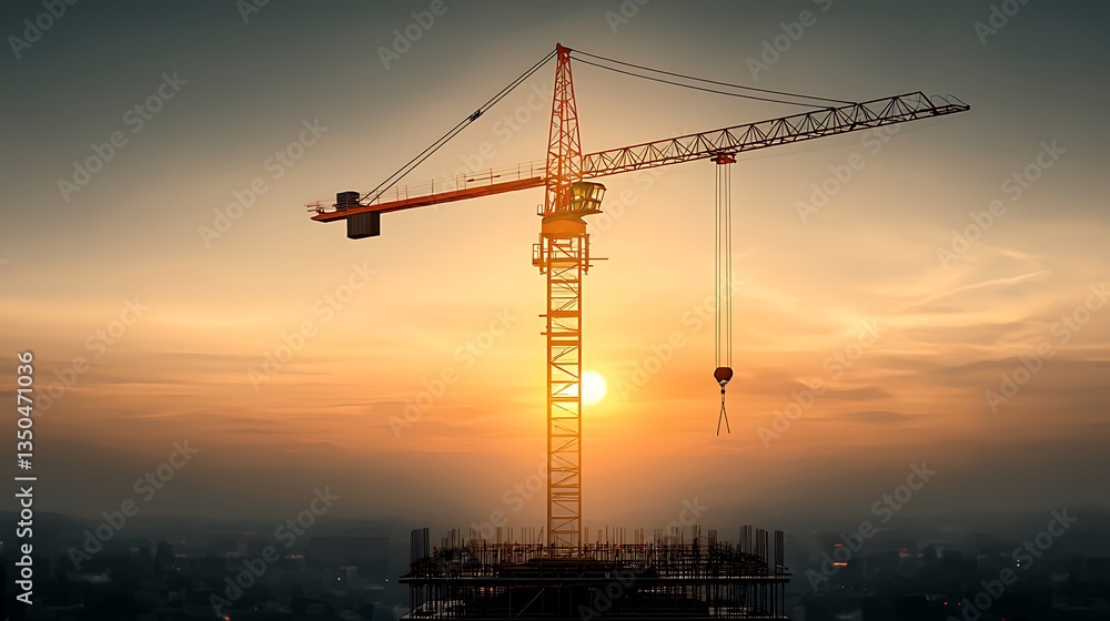Sunset Construction Crane Silhouette. Sunset Construction Crane Silhouette.
