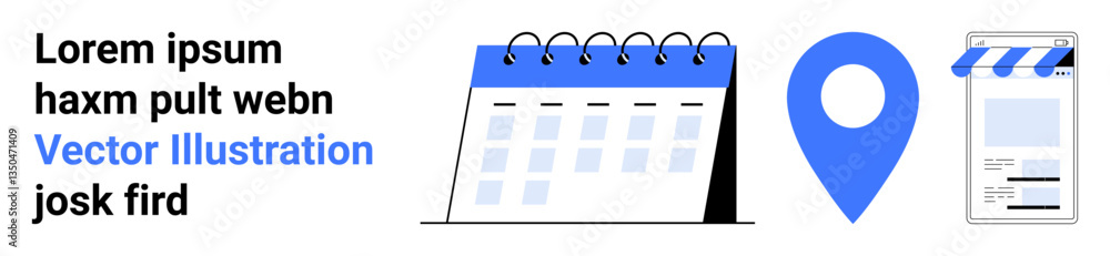 Calendar symbolizing scheduling, location marker indicating directions, and storefront icon for commerce. Ideal for business planning, navigation, events, marketing, e-commerce, local services Calendar symbolizing scheduling, location marker indicating directions, and storefront icon for commerce. Ideal for business planning, navigation, events, marketing, e-commerce, local services