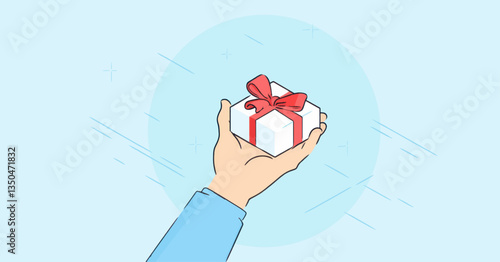 Flat vector of a hand holding a white gift box tied with a red bow, representing gift-giving.