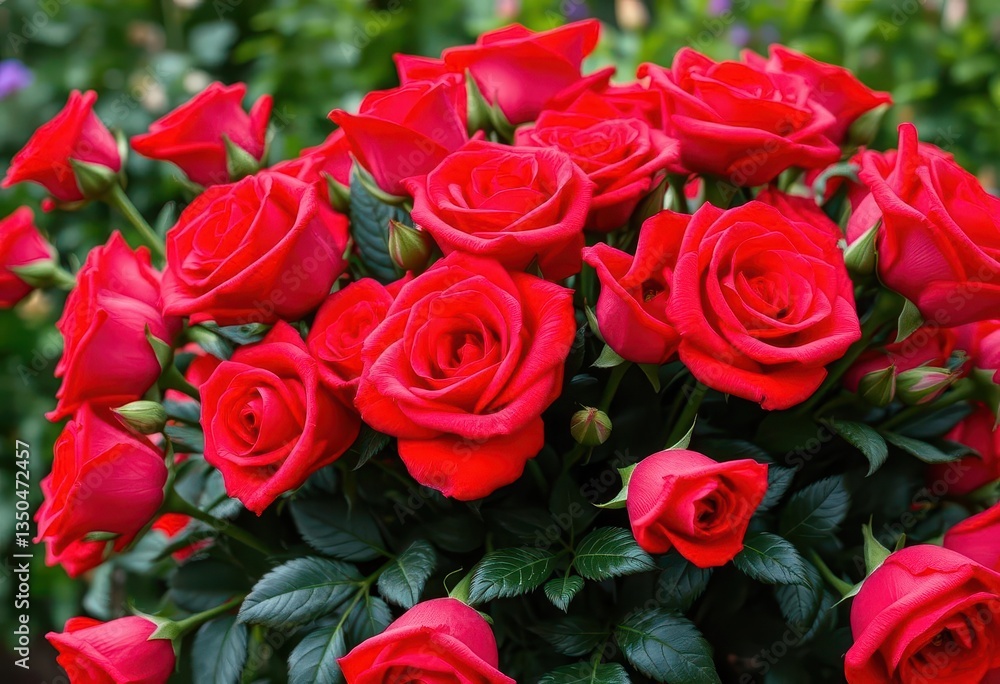 A vibrant bouquet of classic red roses, lush and full, love, red flower A vibrant bouquet of classic red roses, lush and full, love, red flower