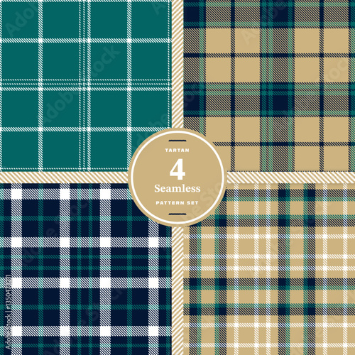 Cream Bisque and Fire Engine Red Seamless Tartan Fabric Design Set of 4