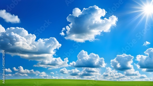 Sunny day scene featuring a vibrant green field under a bright blue sky dotted fluffy white clouds.