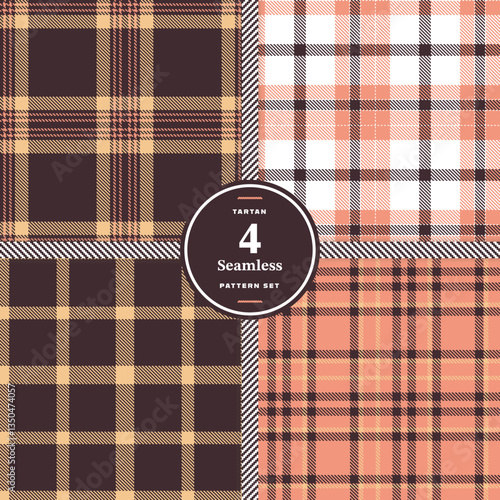 Cream Bisque and Muted Coral Seamless Tartan Fabric Design Set of 4