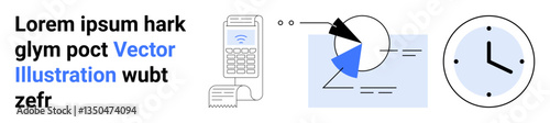 Geometric diagram with arrow and chart elements, classic clock, and keypad phone conveying efficiency, time management, data analysis. Ideal for productivity, planning, workflow, education