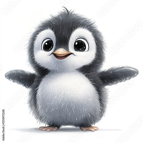 cute cartoon penguin chick with fluffy gray feathers