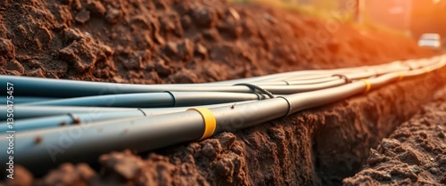 High-voltage cable installation in a newly dug trench, wires, technology