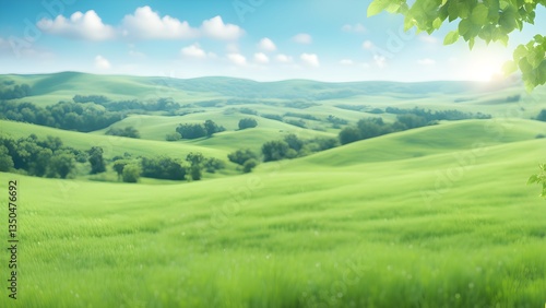 Idyllic summer scene rolling green hills under a bright blue sky; perfect nature-themed projects.