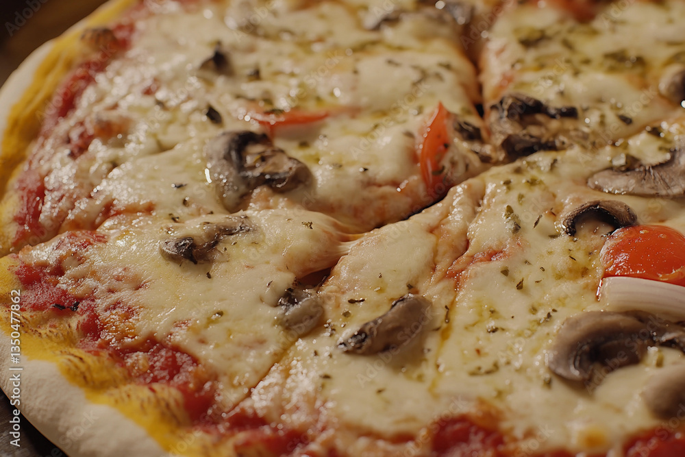 Deliciously crafted pizza topped with mushrooms and tomatoes in a cozy setting Deliciously crafted pizza topped with mushrooms and tomatoes in a cozy setting