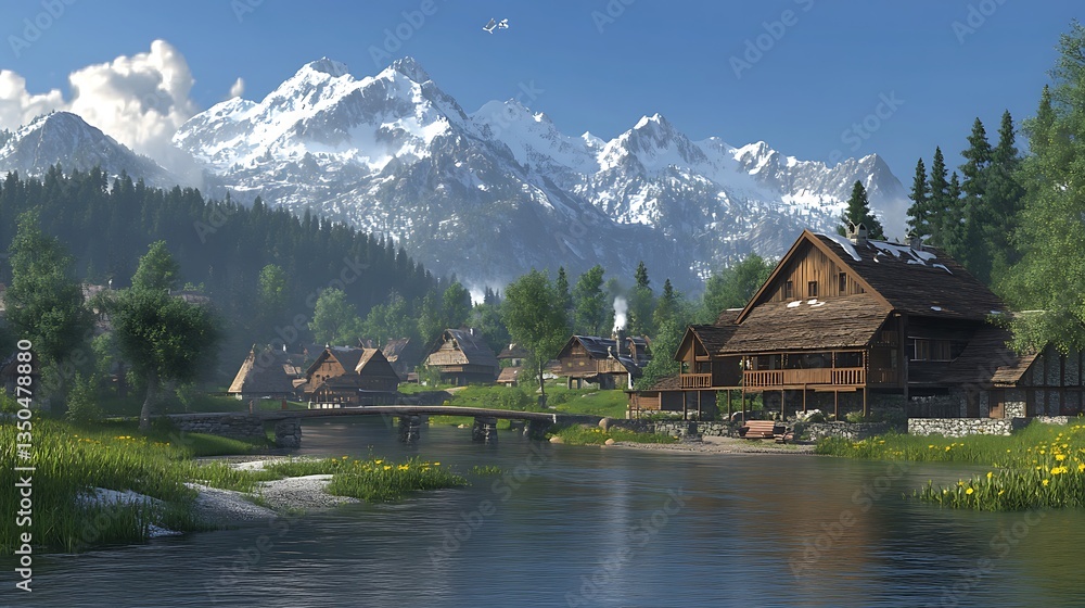 Fototapeta premium Picturesque alpine village nestled beside a river, mountains in the background