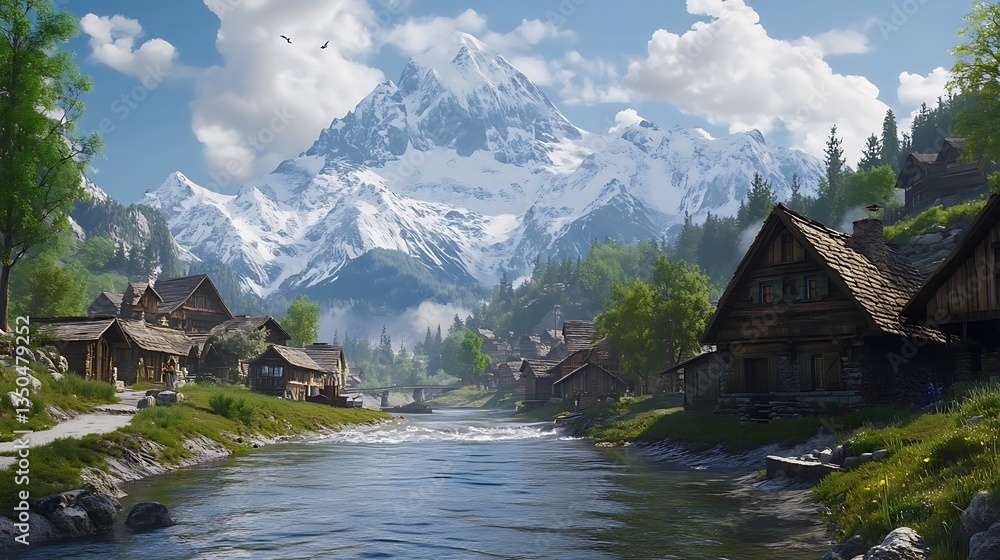 Fototapeta premium Picturesque alpine village nestled beside a river, with snow-capped mountains in the background. Lush greenery surrounds the charming wooden houses