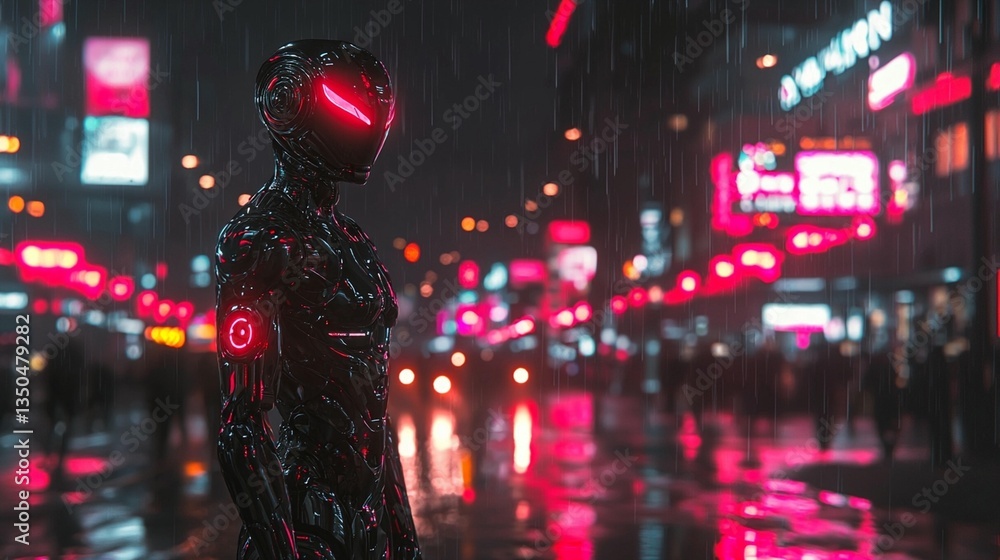 Futuristic Robot in Rainy Cityscape Futuristic Robot in Rainy Cityscape