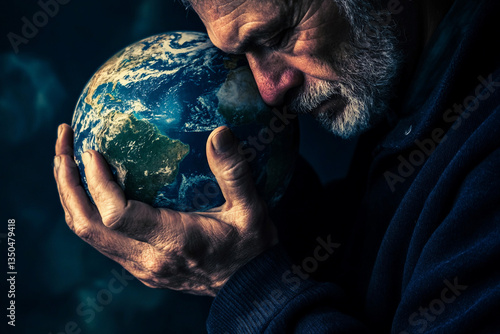 Fototapeta Naklejka Na Ścianę i Meble -  Elderly man in deep thought embracing a globe, reflecting on the planet's future and care