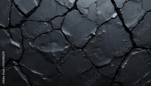 Close up view of a cracked dark rock surface with deep fissures and rough texture detail shown well