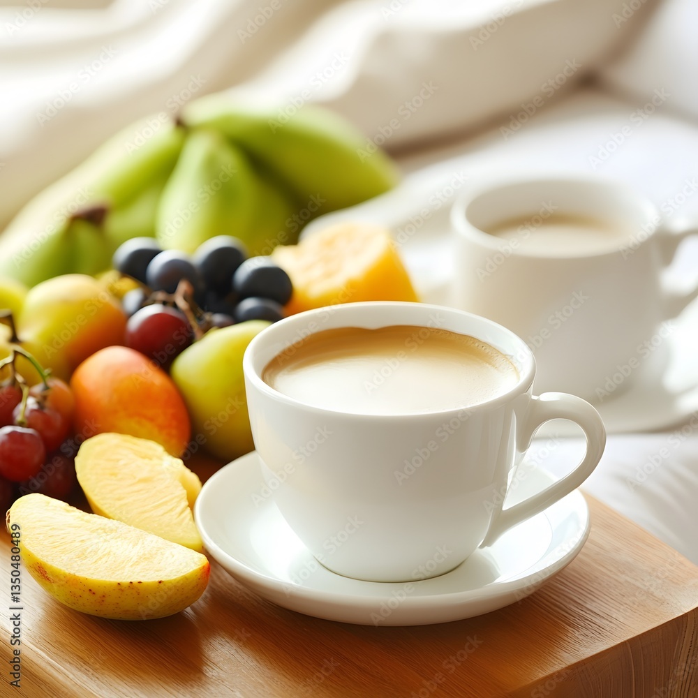 Delicious Breakfast, Coffee and Fresh Fruit Platter Delicious Breakfast, Coffee and Fresh Fruit Platter