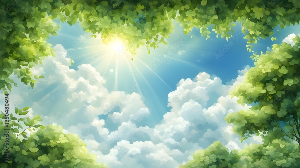 Bright sunlight streams through vibrant green leaves, creating a peaceful, idyllic scene a sunny sky fluffy clouds. Bright sunlight streams through vibrant green leaves, creating a peaceful, idyllic scene a sunny sky fluffy clouds.