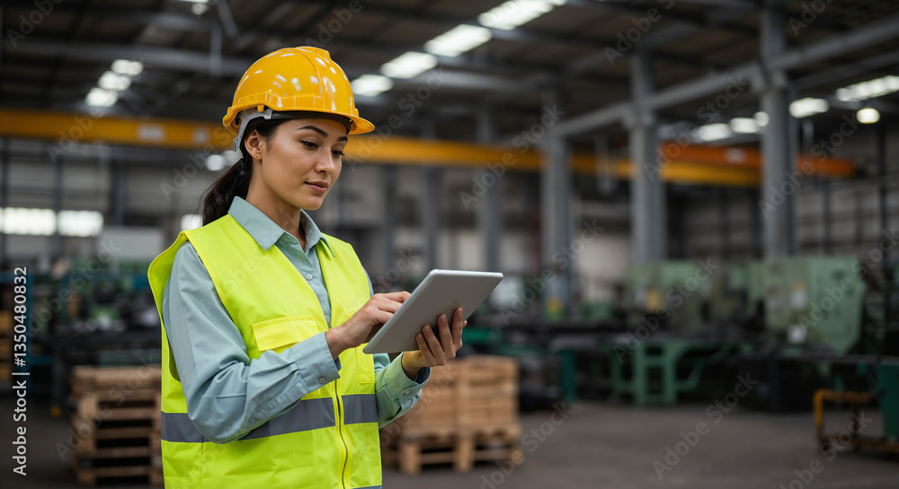 Engineer wearing a hard hat and safety vest works on a tablet in an advanced manufacturing facility, showcasing technology integration in industrial environments and operational efficiency Engineer wearing a hard hat and safety vest works on a tablet in an advanced manufacturing facility, showcasing technology integration in industrial environments and operational efficiency