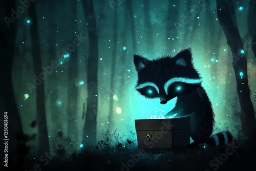 A whimsical raccoon exploring a glowing treasure in a magical forest, surrounded by enchanting green lights.