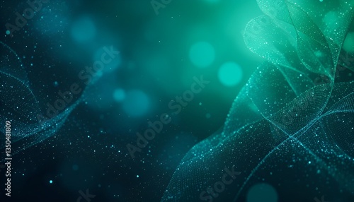 Abstract teal background with glowing particles forming flowing lines and bokeh circles effect design