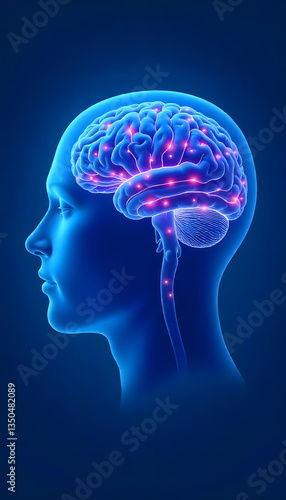 3D illustration of an active human brain with glowing neurons, highlighting brain activity and structure.