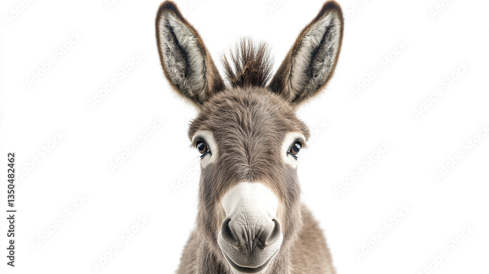 Charming donkey with perked ears and gentle eyes on white background Charming donkey with perked ears and gentle eyes on white background