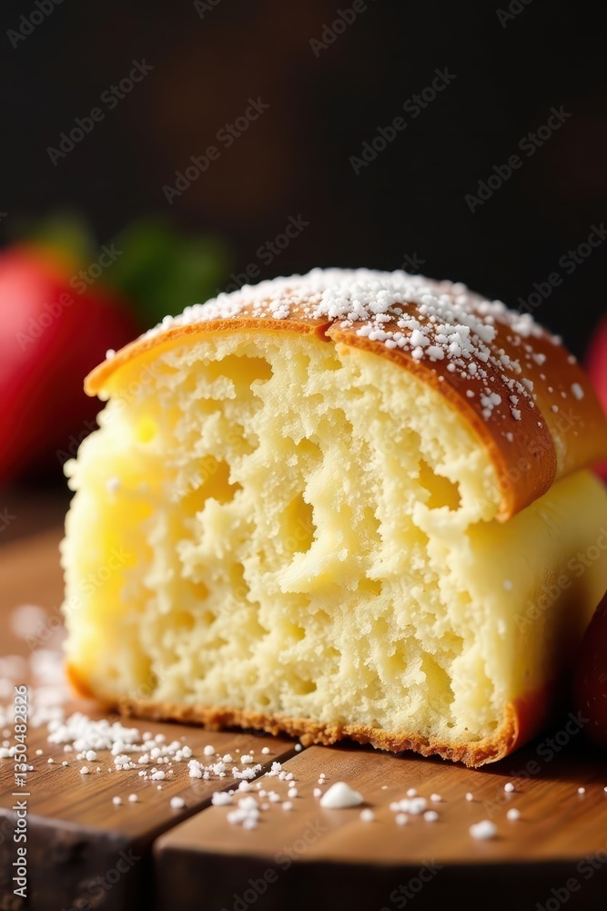 Close-up of a single, fluffy bisquet sweet bread, image, macro, flour Close-up of a single, fluffy bisquet sweet bread, image, macro, flour