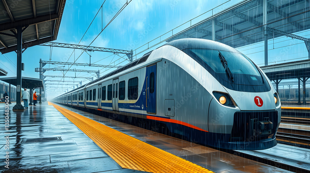 Fototapeta premium High-speed futuristic train in motion, with sleek design and blurred background, showcasing modern transportation.