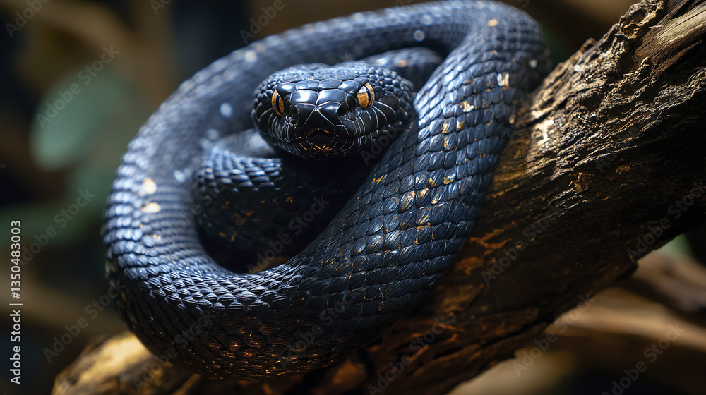 Fototapeta premium black snake coiled around tree branch, displaying its scales