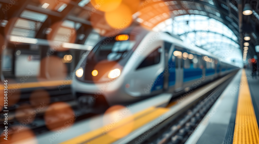Obraz premium Train, station, platform, modern, sleek, silver, blue, red, yellow, stripes, logo, Salt, transportation, railway, tracks, sunny, day, clear, sky, electric, wires, overhead, canopy, shadows, concrete, 
