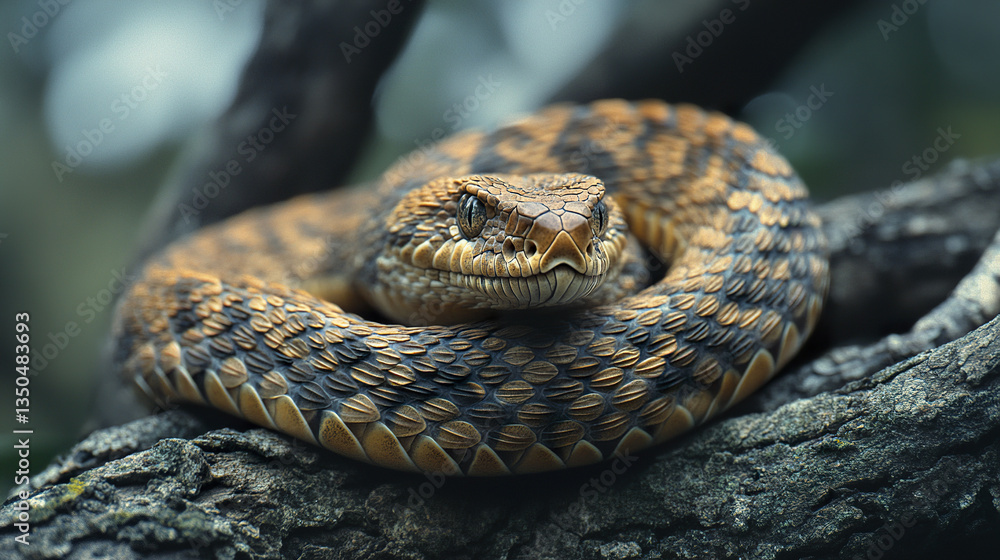 Close up of coiled brown snake on tree branch Close up of coiled brown snake on tree branch