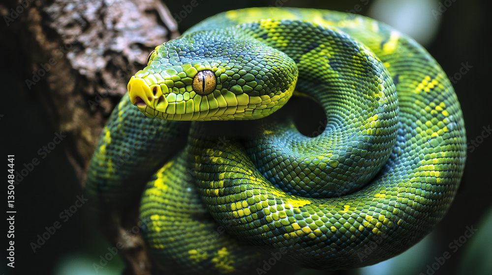 Fototapeta premium Close up of vibrant green snake coiled around tree