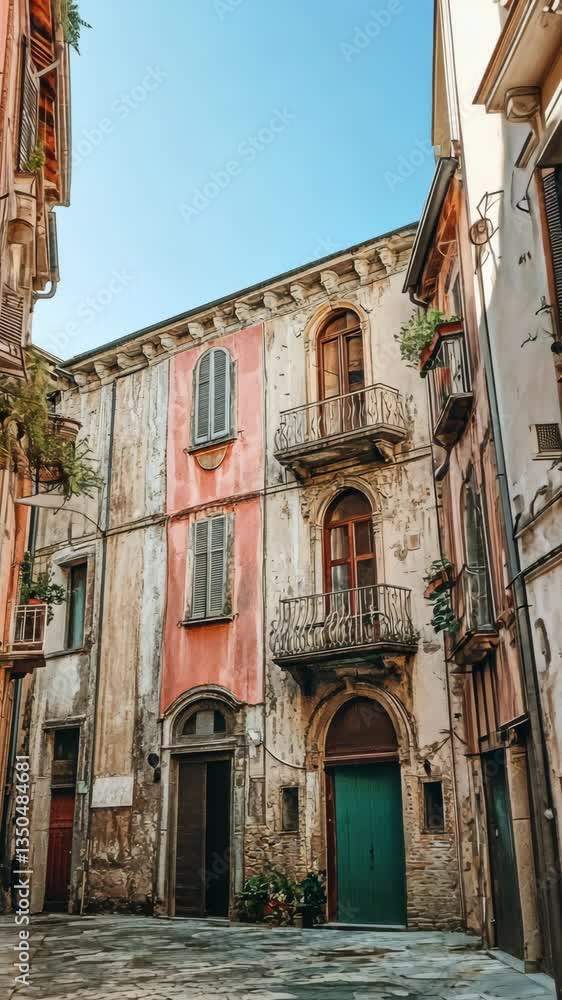 Historic architecture in a narrow alley of an old European town during bright daylight Historic architecture in a narrow alley of an old European town during bright daylight