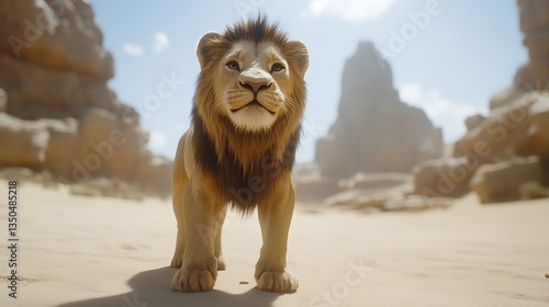 A majestic lion stands proudly in a desert landscape setting